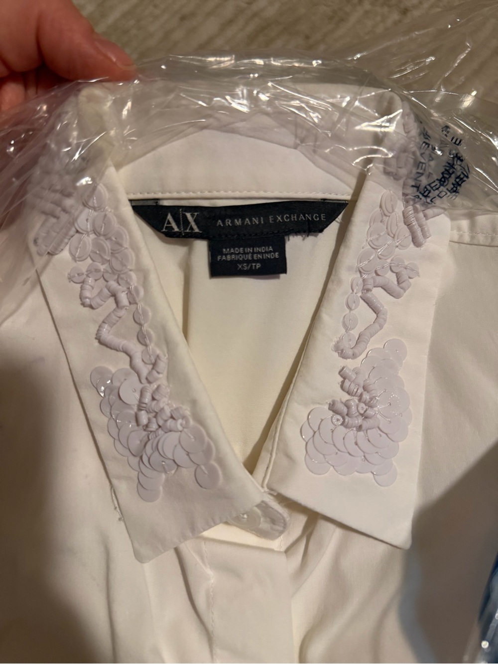 Armani Exchange White Button-Down Shirt with Embroidered Collar Sz XS